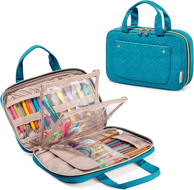 Yarwo Knitting Needles Case (up to 10.6"), Crochet Hooks Organizer with Double Handle for Circular Knitting Needles and Accessories, Teal (Bag Only)