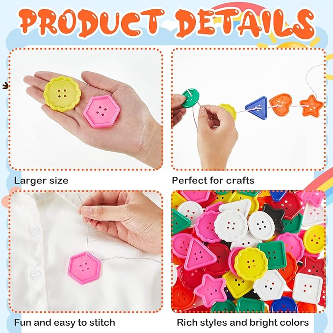 Taiyin 150 Pieces Big Bright Buttons for Kids 8 Vivid Colors and 8 Large Shapes for Crochet Knitting Arts and Crafts Projects Hand Made Gifts