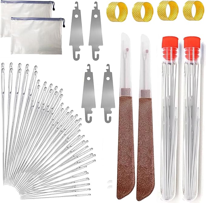 Big Eye Steel Sewing Needles Kit, 34PCS Big Eye Steel Needles Set - Long & Thin Handmade Quilting & Sewing Needles Kit, Portable Sewing Kit in Faux Leather Case, for DIY Sewing