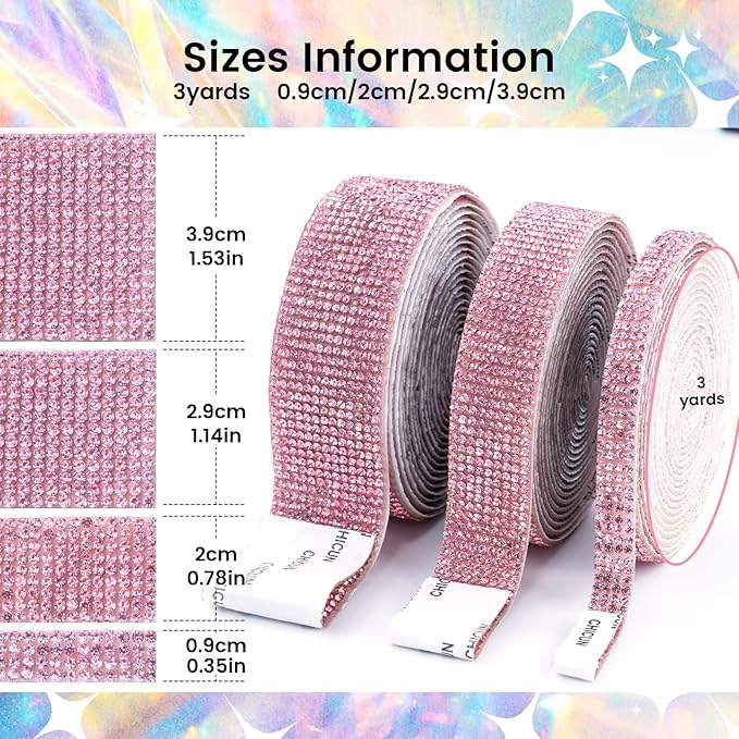 Novani Self Adhesive Rhinestone Ribbon, 1.53 Inch Wide 3 Yards 1 Roll, Pink Crystal Diamond Bling Strips for DIY Crafts, Home Decor, Clothing,Shoes, Car Decoration（Pink）