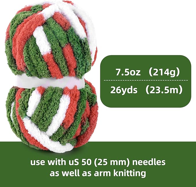 Hombys 8 Pack Giant Chunky Yarn for Crocheting/Hand Knitting - Super Bulky Large Soft Fluffy Tie Dye Plush Fuzzy Mixed Color Thick Chenille Yarn (Red, Green, White)