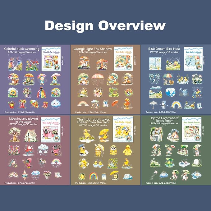 Rain Shelter Animals PET Stickers – 90PCS Whimsical Stickers with Watercolor Animal Designs for Scrapbook, Journal, DIY Crafts, Waterproof