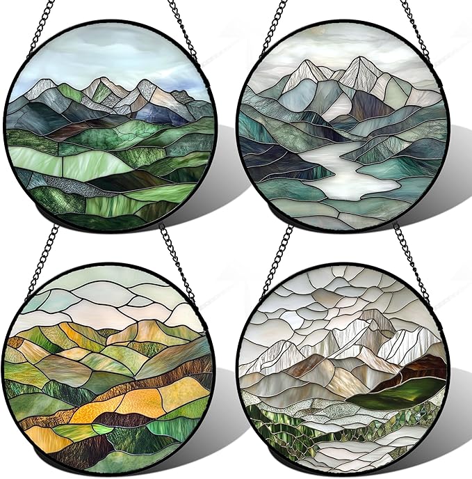 Stained Glass Window Hanging 4 Pcs Set Mountain River Landscape Large 11.8" - Suncatcher Door Garden Sun Catcher Decor Birthday Mother's Day for Mom Woman Nana Girl Boy Friend