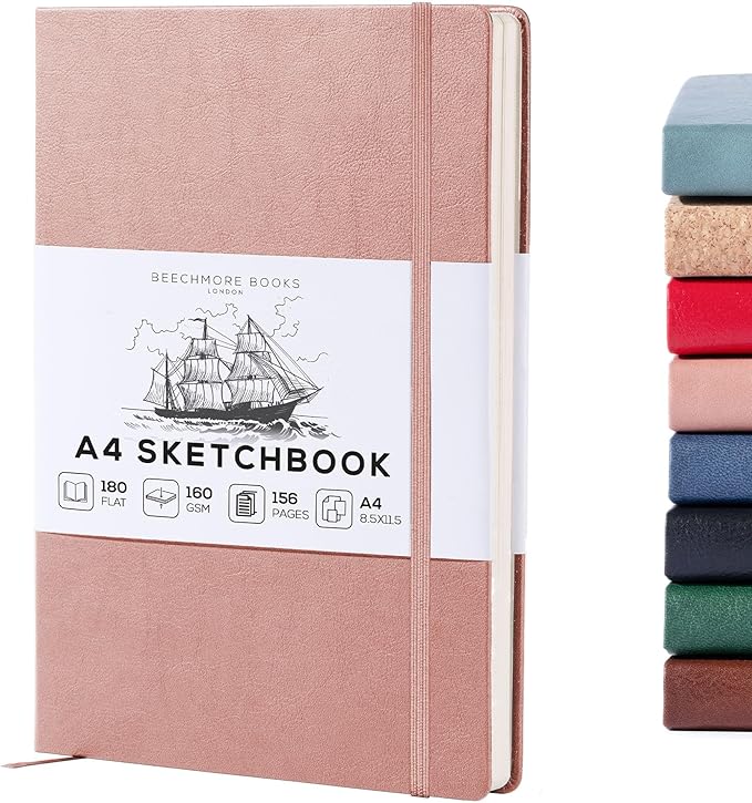 Beechmore Books A4 Sketchbook – 8.5x11 Premium Vegan Leather Bound Large Sketch Book Hardcover with 156 Thick 160gsm Perforated Ivory Pages, Blank Sketch Pad, Gift Boxed, Back Pocket, Ribbon Bookmark