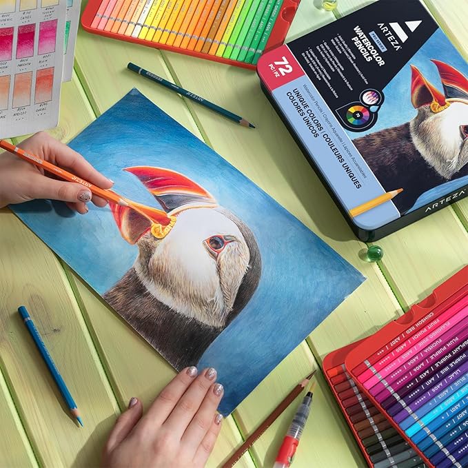 ARTEZA Watercolor Pencils Set of 72 Water-Soluble Colored Pencils for Blending, Layering, Painting, Lightfast Pigments with Soft Cores in Tin Case, Art Supplies for Adults, Artists, Holiday Gift Set