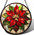 Stained Glass Window Hanging - Red Poinsettia Birth Flowers Suncatcher for Door Garden Yard Sun Catchers Decor Christmas Mother's Day Birthday Gifts for Women Mom Nana Teacher Friend 11.8 in