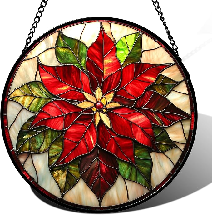 Stained Glass Window Hanging - Red Poinsettia Birth Flowers Suncatcher for Door Garden Yard Sun Catchers Decor Christmas Mother's Day Birthday Gifts for Women Mom Nana Teacher Friend 15 in