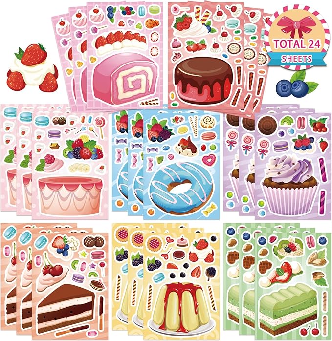 24 Sheets Make a Cake Sticker for Kids, Make Your Own Dessert Mix and Match Stickers with Cupcakes, Puddings, Swiss Rolls, Fruit & Sweets Stickers for Classroom Birthday Parties Supplies Crafts