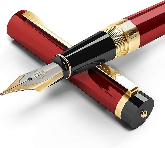 Dryden Designs Fountain Pen. Medium Nib Premium Box | 6 Ink Cartridges Included (Royal Red)