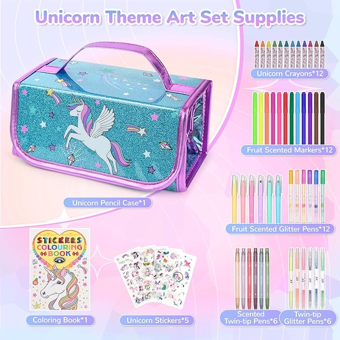 Washable Scented Markers Set for Kids - Unicorn Coloring Art Supplies Set for Kids Ages 4-8 Birthday Gifts for 4-8 Year Old Girls Unicorn Pencil Case 54 PCS