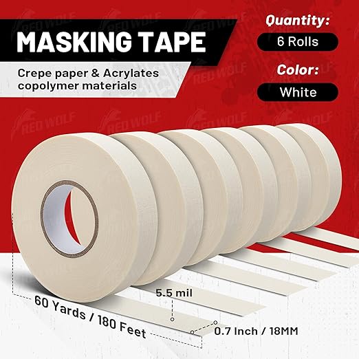RED WOLF 6 Pack Masking Tape 0.7" x 60 Yards, General Purpose for Painting Arts Crafts Label Car Painting, Sharp Paint Line No Residue Painters Tape White Beige Crepe Paper Tape Heat Resistance