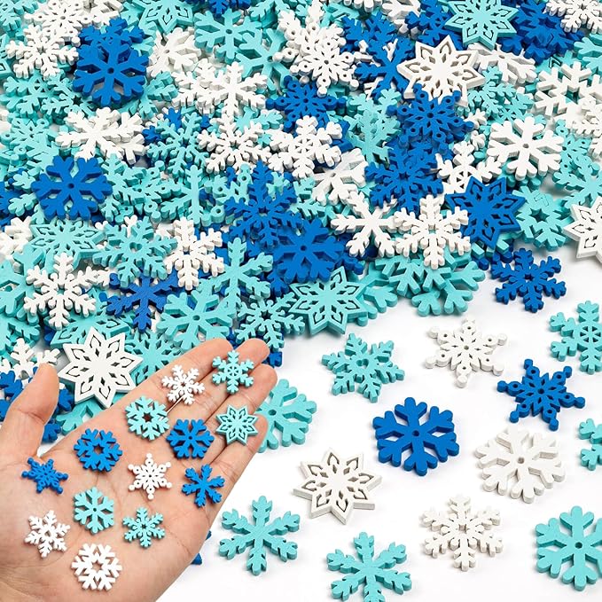 Christmas Snowflake Buttons for Crafts - 200 Pcs Assorted Wooden Snowflake Buttons Embellishments DIY Snowflake Shaped Christmas Tree Ornaments for Winter Party Craft Sewing Home Decor (Blue, White)