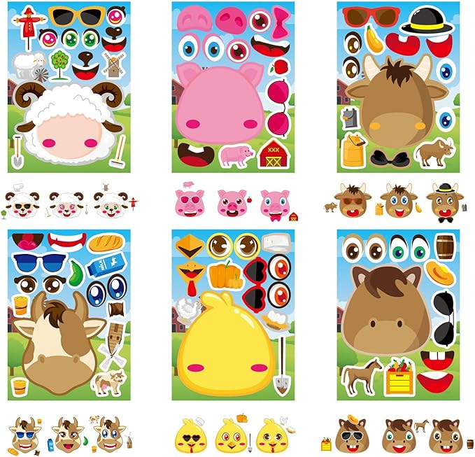 24 PCS Make-a-face Sticker Sheets Make Your Own Farm Animal Mix and Match Sticker Sheets with Sheep, Pigs, Cow and Chickens Kids Party Favor Supplies Craft