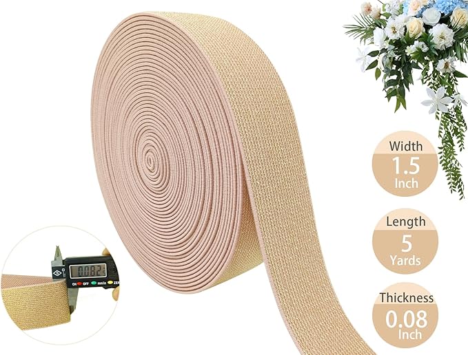 JESEP YONG 1.5 inch Glitter Pink Knit Elastic Band for Sewing 5 Yards Metallic Gold Ribbon Trims Spool Non-Slip Heavy Elastic Stretchy Strap for Pants Waistband-Wigs-Skirts-Craft Projects