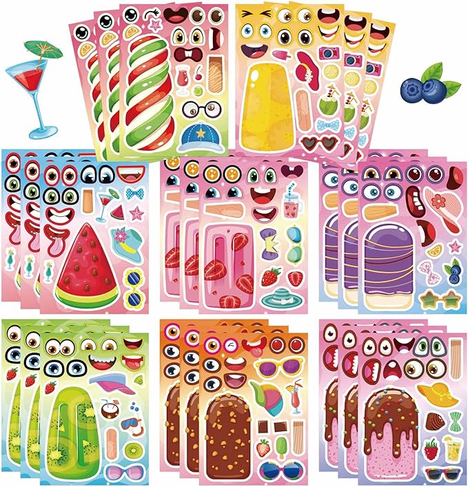 24 Sheets Make Your Own Ice Cream Stickers for Kids Toddlers, Make a Face Sticker Mix and Match Watermelon, Chocolate, Kiwi, Strawberry Ice Cream Stickers for Kids Activities Supplies Crafts