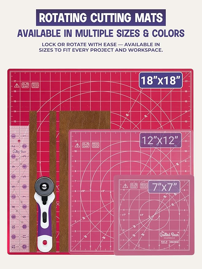 The Quilted Bear Rotating Cutting Mat 18" x 18" - Square 360° Rotating Self Healing Mat with Innovative Locking Mechanism for Quilting & Sewing Your Choice of Colours Available! (Pink)