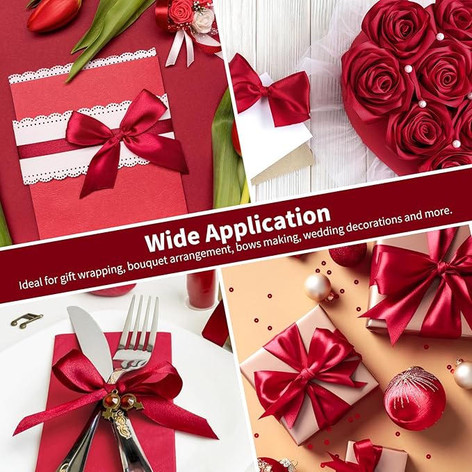 1-1/2 Inch Wide Wine Red Satin Ribbon, 50 Yards Solid Polyester Fabric Ribbon for Roses Making, Gift Wrapping, Valentine's Day, Wedding Decorations, Crafts, Bows