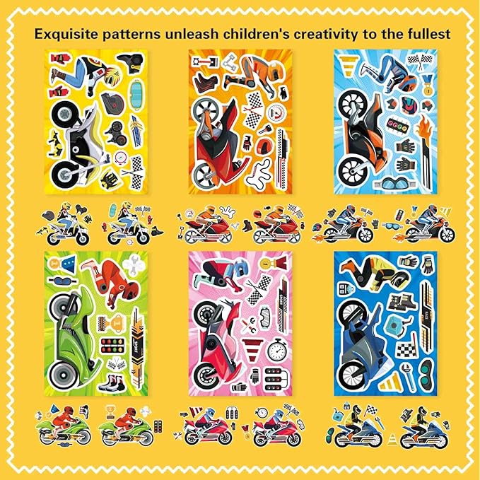 24 Sheets Make Your Own Motorcycle Stickers for Kids Toddler, Motocross Stickers Make a Face Stickers, Dirt Motobike Stickers for Kids Teens Motorcycle Stickers Kids Party Favor Supplies Crafts