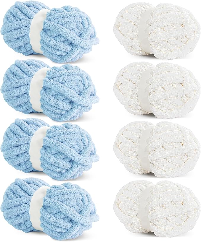 HOMBYS 8 Pack Assorted Chunky Yarn for Crocheting,Super Bulky Large Soft Fluffy Yarn,Plush Fuzzy Yarn,Thick Chenille Yarn for Hand Knitting/Arm Knitting,4 Cream & 4 Sky Blue(27yds,8 oz Each Skein)