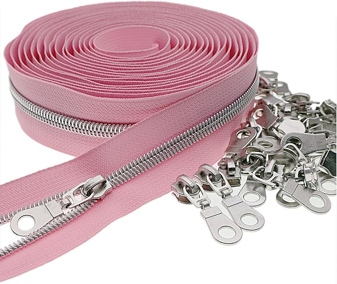 #5 Silver Metallic Nylon Coil Zippers by Yard Bulk Coil Zipper Roll 10 Yards with 25pcs Silver Pull for DIY Sewing Craft Bag(Pink) YIGUANXIN