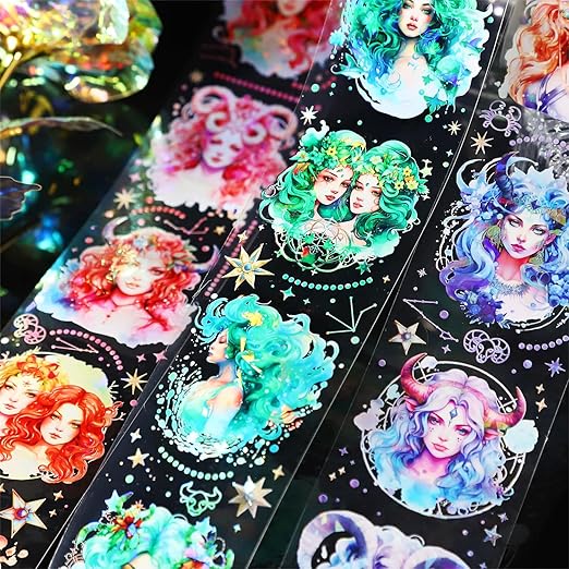 6 Pcs Constellation Goddess PET Scrapbook Tapes, Holographic Stickers for Journaling, Scrapbook Supplies, and Ephemera, with Decorative Clip