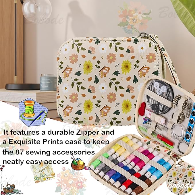 Printing Small Sewing Kit Butterflies Pattern Professional Sewing Supplies Basic Portable Travel Sewing Kit for Adults,Arts Craft DIY,Emergency, Home Beginners