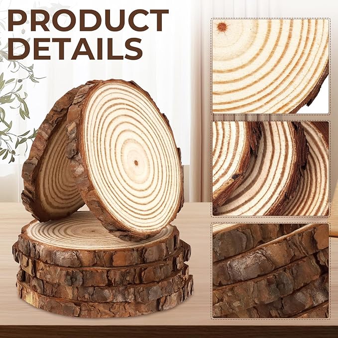 FSWCCK Unfinished Wood Slices for centerpieces,Round Wooden Discs with Tree Bark,Wood Cookies Circles for Crafts Christmas Ornaments,Wood Slice for Rustic Wedding Decoration (4"- 4 .7")