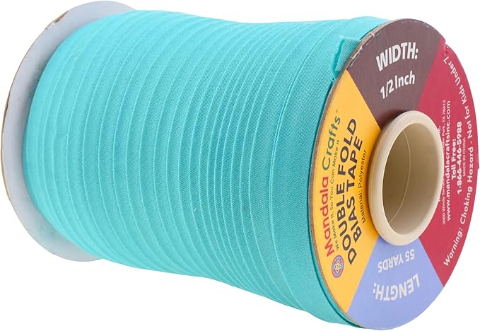 Mandala Crafts 55 Yards 1/2 Inch Aquamarine Double Fold Bias Tape for Sewing - Bias Binding Tape for Quilting Binding, Hemming, Seam, and Fabric Piping