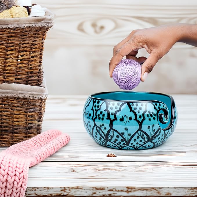 Nagina International Ceramic Attractively Hand Painted Gorgeous Stoneware Yarn Ball Storage Bowl With Innovative Dispensing Curl | Knitting & Crochet Accessions (Small, Greek Blue)