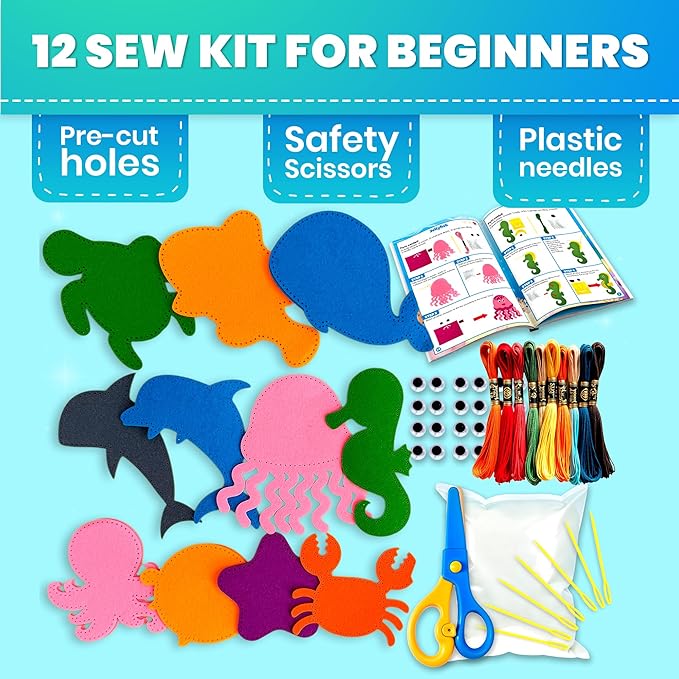 QUOKKA Kids Crafts Ages 4-8, DIY Beginner Needle and Thread Kit - 12 Sea Animals Sewing Kit Basic - Fun Arts Crafts for Kids Ages 6-8 Girls Boys - Plastic Needles, Scissors - 6+ Year Old Girl Gifts