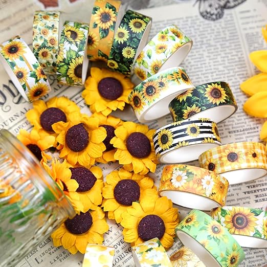 16 Roll Washi Tape Set, Sunflower Design, 3m x 15mm, Multicolored, Water Resistant, Repositionable, Arts And Craft Tape