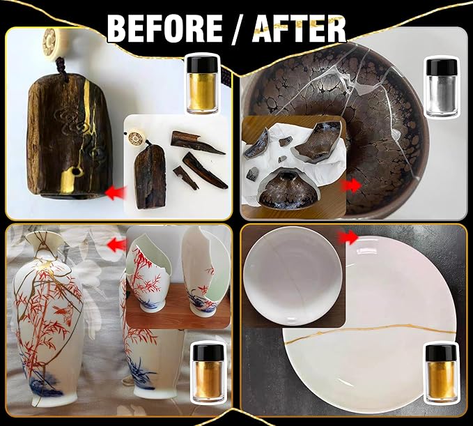 Kintsugi Repair Kit, Food Safe Ceramic Glue Repair Cups, Bowls, Saucers, Vase, Upgraded Kintsugi Pottery Kit Perfect for Beginners Restoring Meaningful Gifts and Art Craft, Kintsugi Glue Gold & Silver