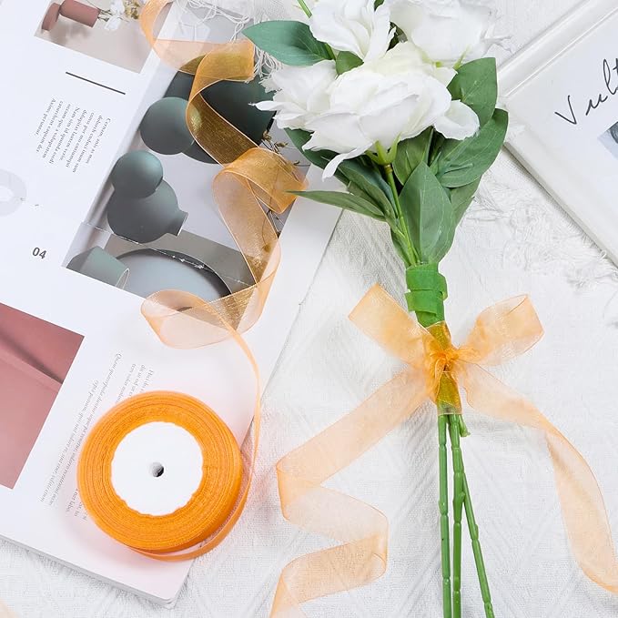 Orange Ribbon for Gift Wrapping 3/8 inch Sheer Organza Ribbon for Flower Bouquet Tulle Chiffon Ribbons for Wedding Invitations Christmas Halloween Decorations Crafts 50 Yards