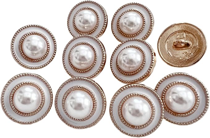 PEPPERLONELY 10PC Faux Pearl Metal Buttons for Clothing, Jeans, Crafts, Pants, Blazer, Sewing, Jacket, Jewlery Making (Gold/White, 15mm)