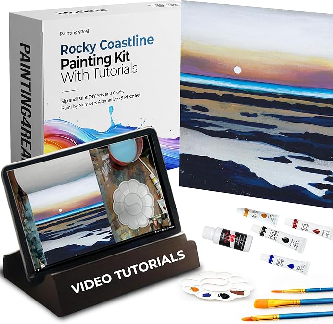 Painting4Real DIY Art Painting Kit for Adults – Learn to Paint Rocky Coastline with Video Tutorials – 9 Pieces Acrylic Paint Set for Adults –Perfect Christmas Crafts & Holiday Gifts for Art Lovers