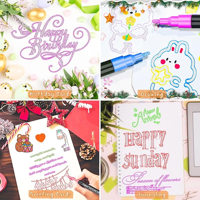 Caliart 24 Colors Outline Markers Shimmer Glitter Pens, Doodling Marker Set for Kids Teen Girls Adults, Birthday Gifts Trendy Stuff, Cool Fun Craft Drawing Art Supplies