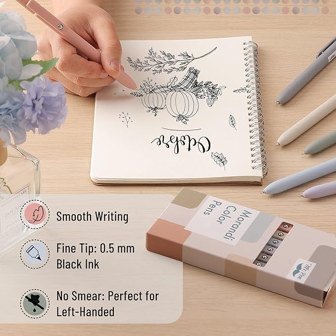 Mr. Pen - Retractable Fine Point Gel Pens, 6 Pack, Morandi Barrels, Fast Dry Black Ink, 0.5 mm Cute Aesthetic Pens for Journaling