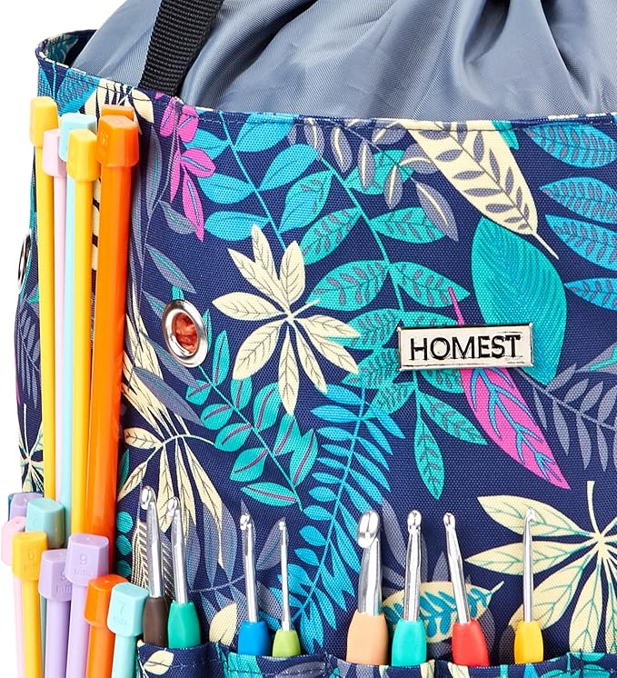 HOMEST Large Crochet Bag with Customized Front Compartment for Knitting Accessories, Yarn Storage with 6 Oversized Grommets, Tote Organizer with Drawstring Closure, Floral