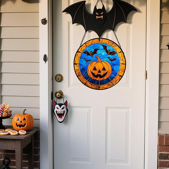Stained Glass Window Hanging - Halloween Evil Pumpkin Suncatcher for Doors Window Garden Indoor Spooky Brown Bat Sun Catchers Gothic Decor Horror Gifts for Women Men Friend Boy Girl 7.8 in