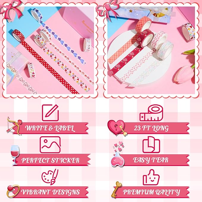 Epakh 12 Rolls Valentine‘s Day Washi Tape Set 0.59 Inch by 23 Feet Decorative Washi Heart Tape Sweet Heart Masking Tapes Kawaii for Valentine Scrapbook Wedding Anniversary Decoration Party Supply