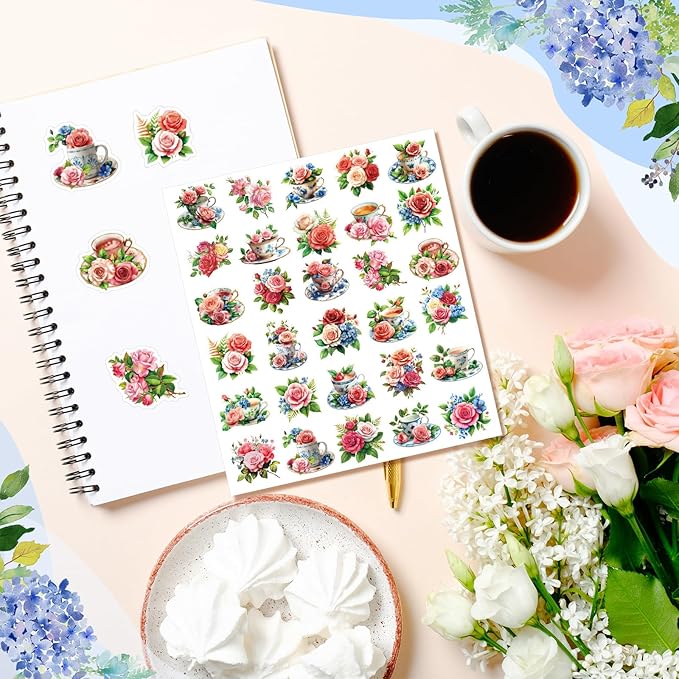 300 Pcs Rose Tea Cup Stickers Rustic Mini Teacup Stickers Tea Aesthetic Waterproof Vinyl Decals Pack for Water Bottles Scrapbooking Laptop Luggage Phone Skateboard