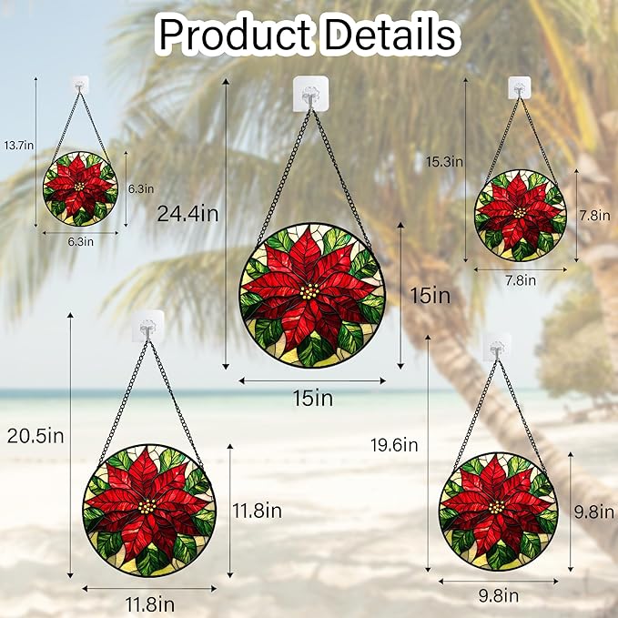 Stained Glass Window Hanging - Poinsettia Suncatcher for Door Garden Home Decor Birth Flower Sun Catcher Birthday Mother's Day for Lovers Friend Women Mom Nana 6.3 in
