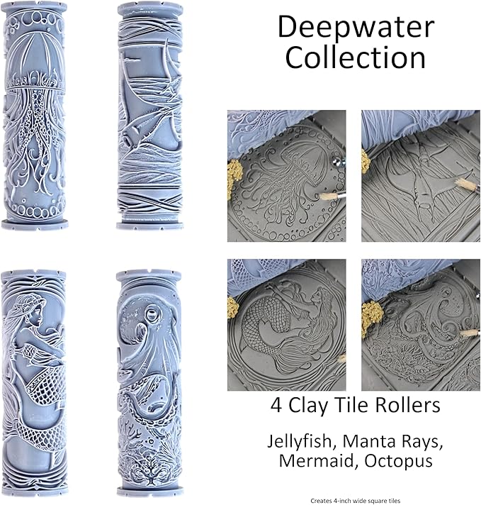 Deepwater Collection Clay Texture Rollers 4-Pack (4") - Ocean Set #01 - Embossing Pattern Rollers for Polymer & Ceramic Clay, Pottery & Crafts