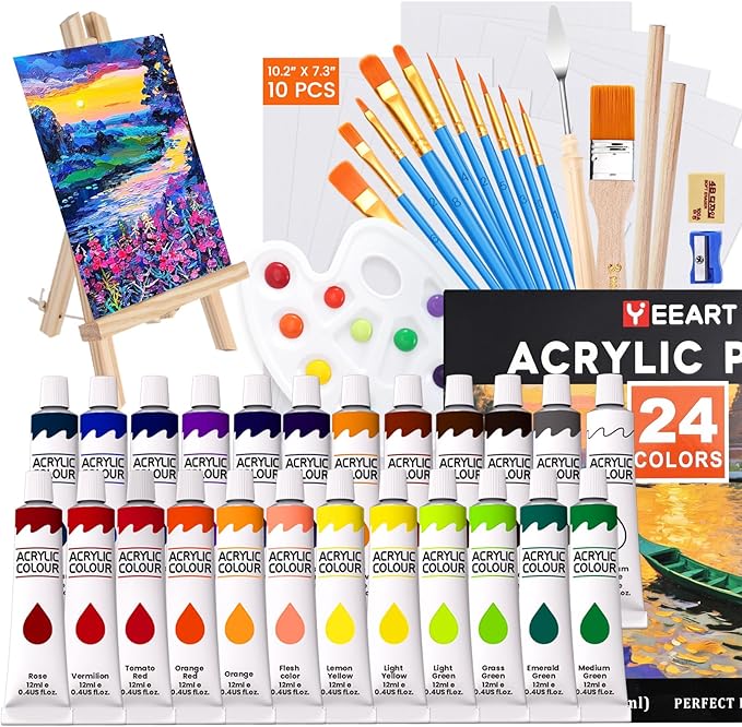 Yeeart Acrylic Paint Set, 52 Piece Professional Painting Supplies Kit with Wood Easel and Paiting Paper, 24 Colors Acrylic Paint, 2 * 10 Brushes, Premium Paint Kit