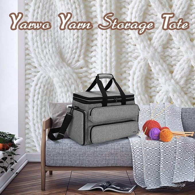 Yarwo Knitting Yarn Bag, Portable Crochet Storage Tote with Double Top Cover and Yarn Holes for Knitting Needles(Up to 14”), Unfinished Projects and Skeins of Yarn, Gray