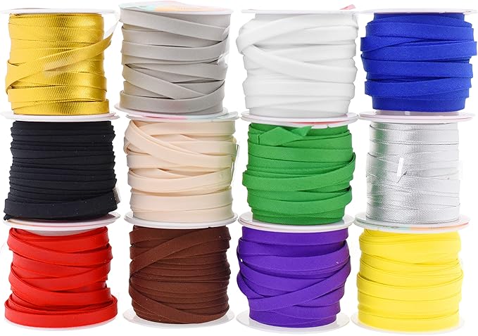 Mandala Crafts 60 Yards 1/4 Inch 12 Assorted Colors Double Fold Bias Tape for Sewing - Bias Binding Tape for Quilting Binding, Hemming, Seam, and Fabric Piping