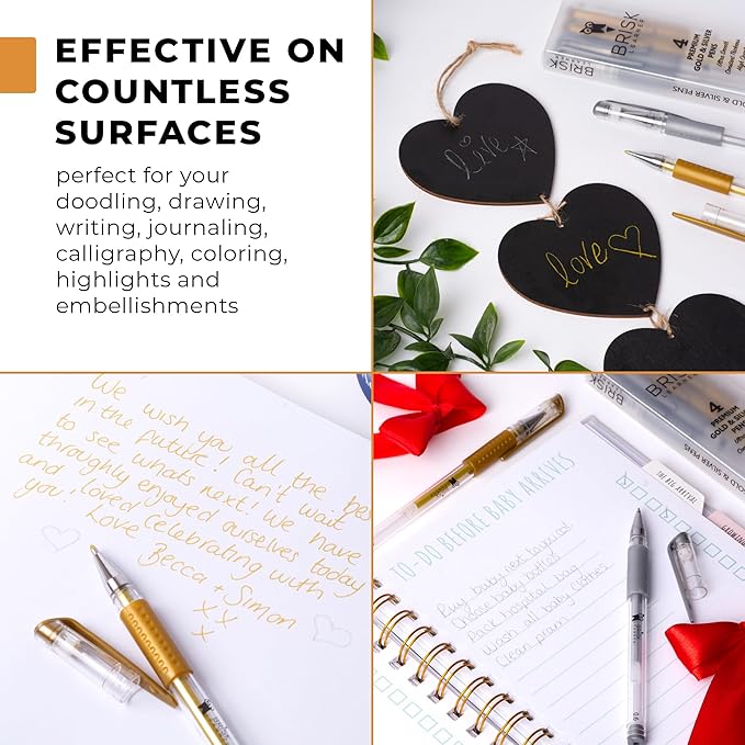 4 Gold Silver Gel Pens - 0.6 & 1.0mm Fine & Bold for Artists - Metallic Ink for Art, Drawing, Black Paper, Coloring, Journaling, Wedding, Scrapbook
