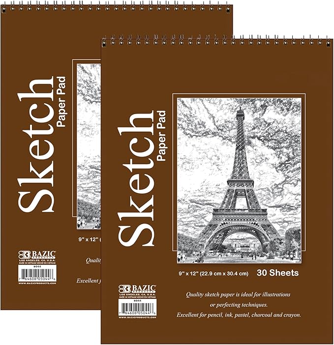 BAZIC Products Sketch Pad 30 Sheets 9" X 12", Top Bound Spiral Sketchbook Drawing Pads, Sketching Paper Coloring Book for Artist School, 2-Pack