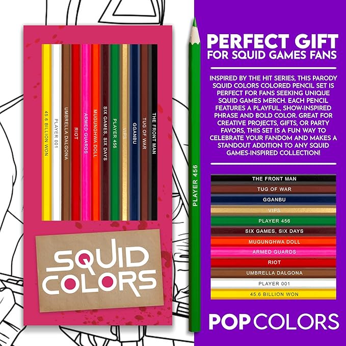 Squid Colors Wooden Colored Pencil Set for Kids – 12 Squid Game-Inspired Parody of Korean Series with Foil-Stamped Names, Adults Coloring Books and Recreation - Ideal for Squid Game-Fan Gift