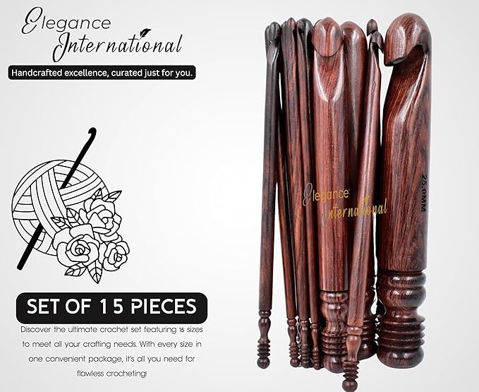 Rosewood Crochet Hooks Set - 15-25mm, Ergonomic Soft Grip - Ideal for Arthritic Hands & Yarn/Knitting - Christmas Gifts
